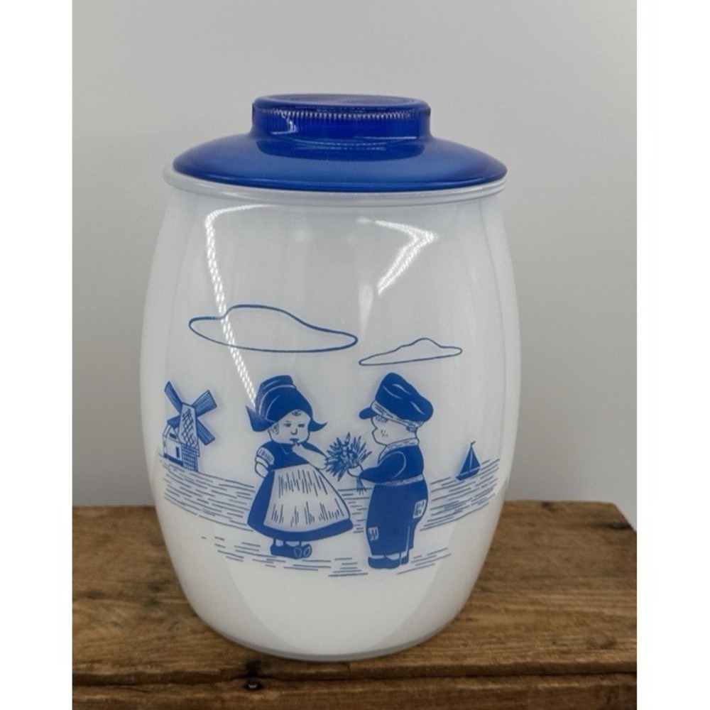 Vintage Bartlett Collins Blue White Dutch Boy Girl Cookie Jar Milk Glass w Lid
